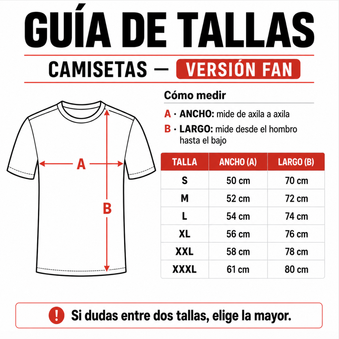 Guía de tallas camisetas versión fan